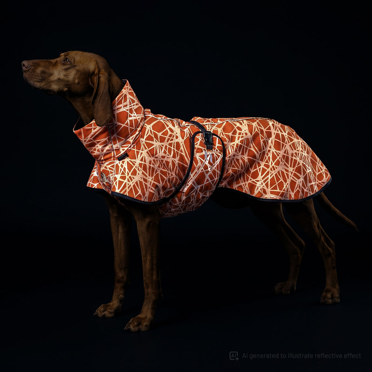 A brown dog stands in profile wearing a reflective orange and white geometric patterned dog raincoat against a solid black background.